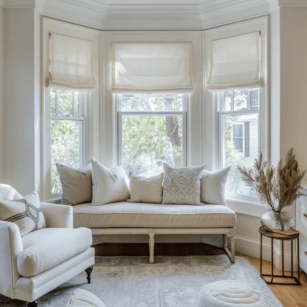 Roman shades in a bay window